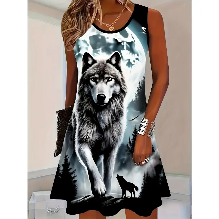 Women's Digitally Printed Sleeveless Dress - Wolf & Moonlight Forest Patterns - Ideal for Leisure Travel, Nature Lovers