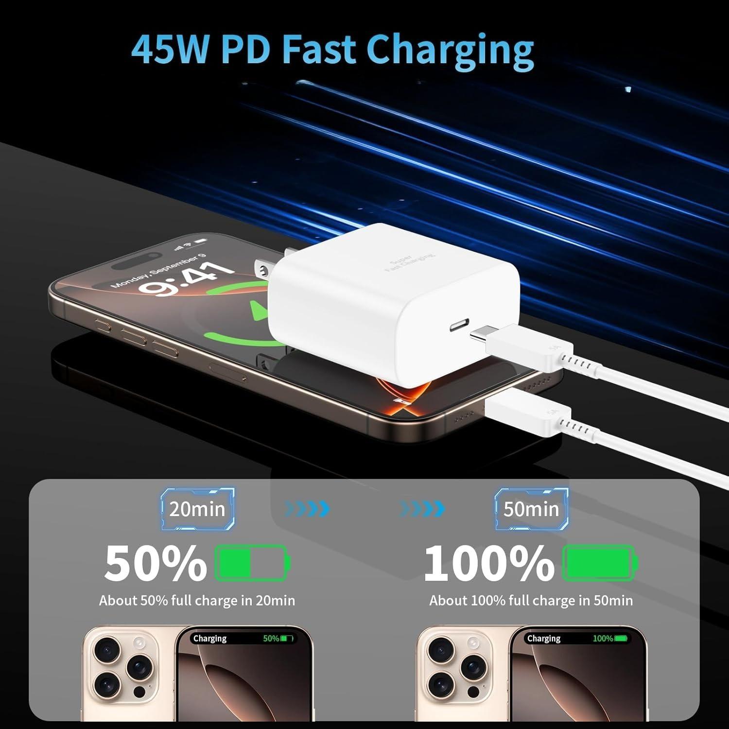 3/2/1 Pack 45W USB C Fast Charging Wall Charger Block with 10FT USB C to USB C Charger Cord for iPhone 16/16 Plus/16 Pro/16 Pro Max/15/15 Plus/15 Pro Max/iPad & More