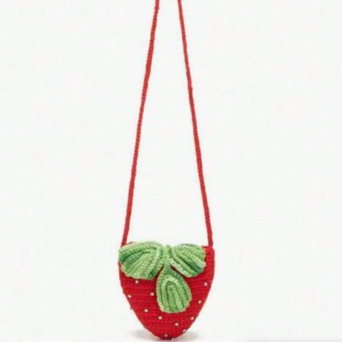 Cute Mini Everyday Purse, Handmade Creative Crochet Strawberry Handbag With Rhinestones Crossbodybag stylish Crossbody Shoulderbag Student Bag Children Bag Perfect for Everyday Outings