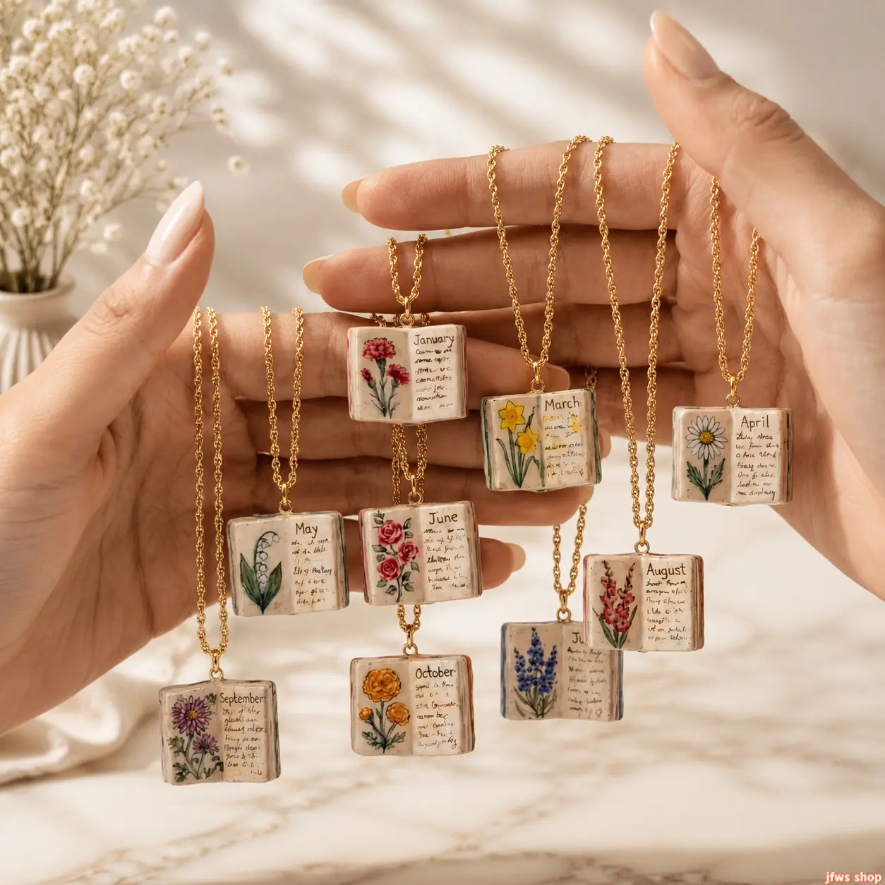 Vintage Birth Month Flower Book Necklace 18K Gold Plated Enamel Openable Floral Locket Pendant Dainty Aesthetic Jewelry Gift for Women Girls