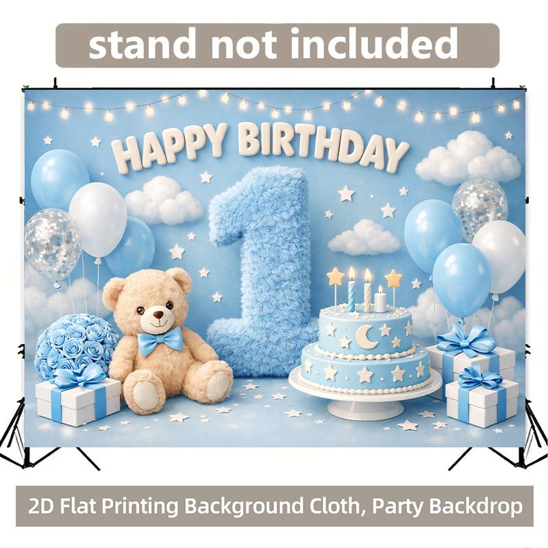 Blue 1st Birthday Party Backdrop Banner, Teddy Bear Theme, Polyester Material, Indoor Outdoor Decor, Stage Room Decoration, Holiday Party Supplies