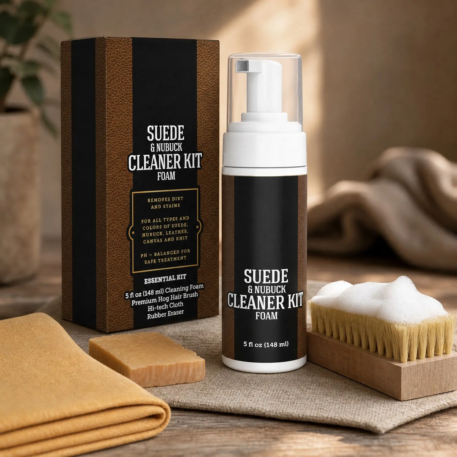 Suede & Nubuck Foam Cleaner Kit with Hog Brush, Eraser & Cloth – Penetrates Pores to Lift Dirt & Grime, Preserves Natural Look & Texture, No Harsh Chemicals, For Leather, Canvas & Knitwear(Gift)