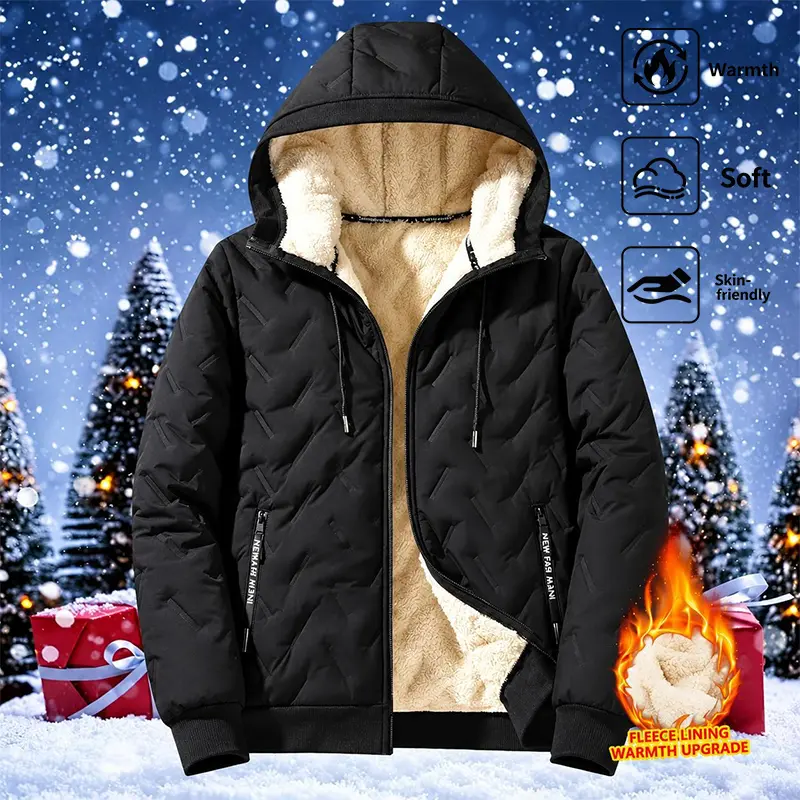 Men's Solid Color Hooded Winter Jacket, 2026 New, Fleece Lined, Waterproof Windproof, Unique Texture, Full Zip Long Sleeve Coat, Autumn Winter Essential Outerwear for Daily Leisure & Outdoor Casual Menswear