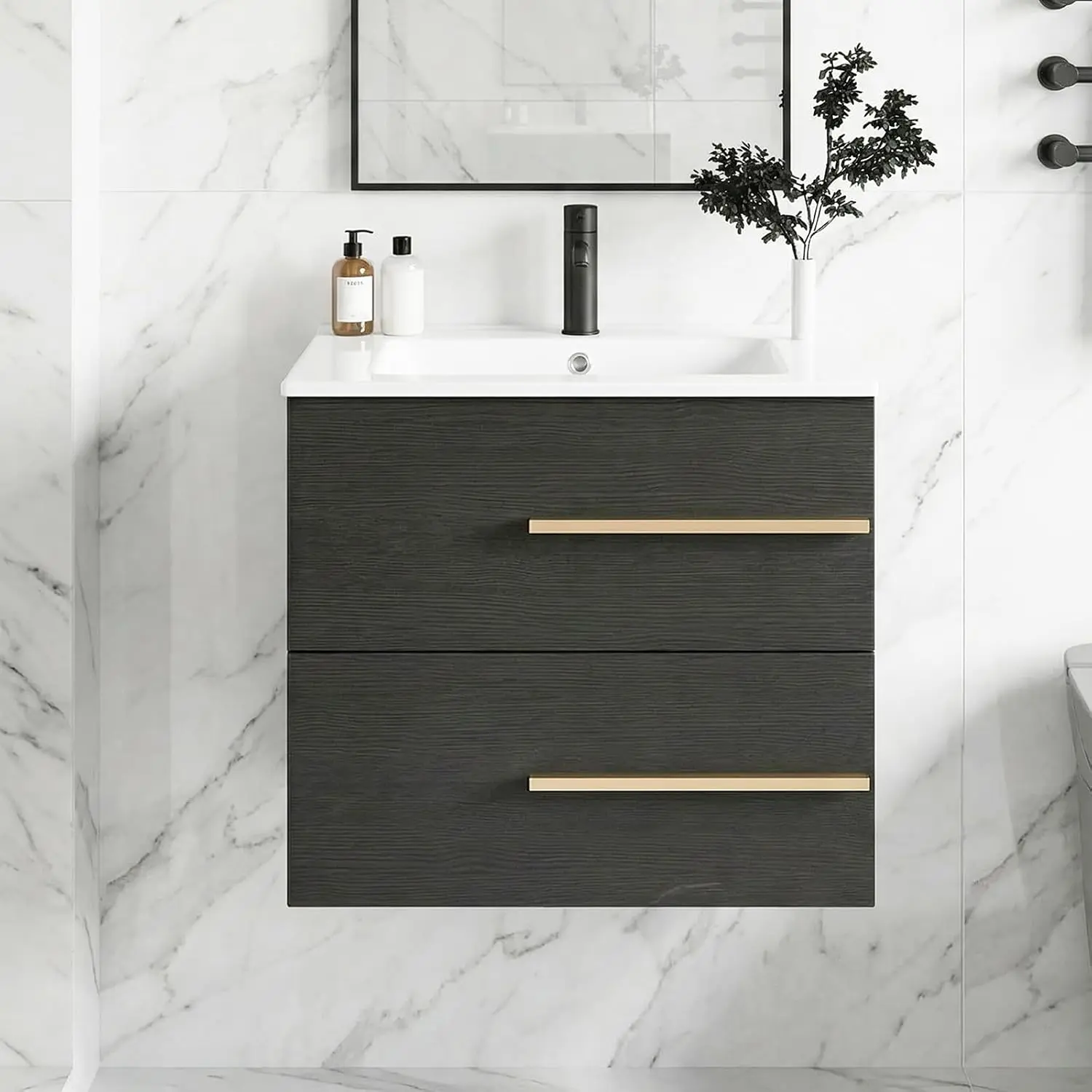 24-Inch Modern Floating Wall Mounted Bathroom Wall Cabinet with 2 Large Storage Drawers, Ceramic Basin Combo, Metal Handle (Right), Includes Hardware, Moisture Resistant