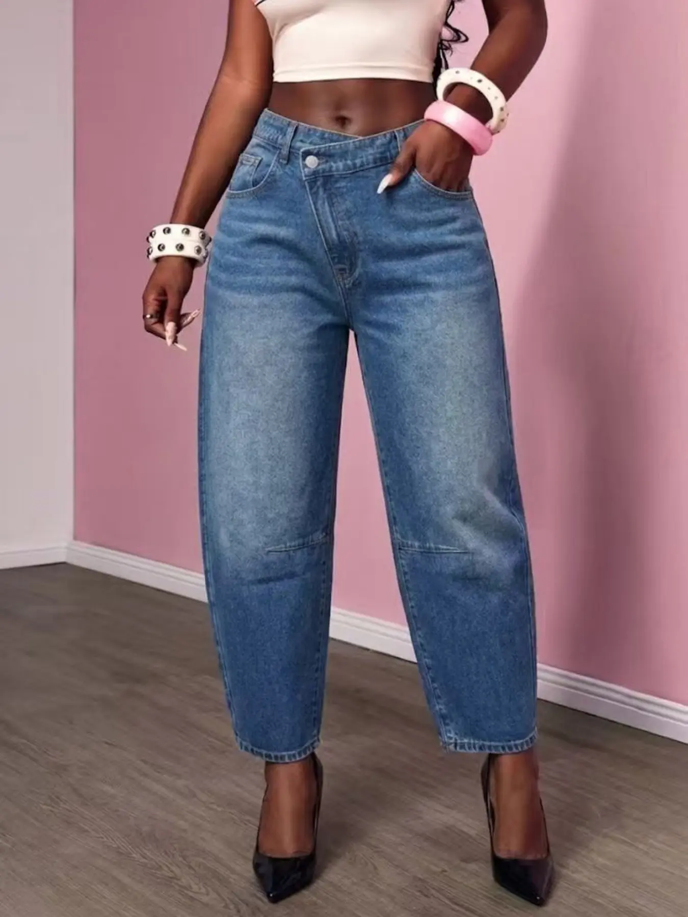 Plus Size High-Waisted Drop Waist Jeans, Barrel jeans, Loose-Fitting Button Fly Denim Jeans, Casual Long Jeans for All Seasons, Comfortable and Stylish