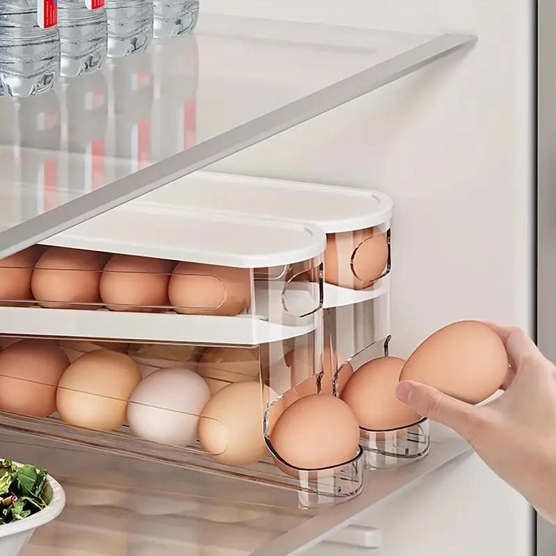 Double Layer Egg Storage Box, 1 Count Space Saving Rolling Egg Storage Box, Washable Plastic Egg Holder for Refrigerator, Household Home Organization, Stackable Fridge Organizer