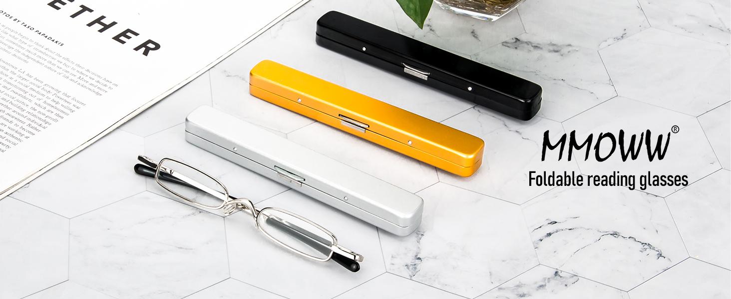 Small Reading Glasses Men Women 3 Pairs Slim Pocket Readers with Pen Clip Metal Case Spring Hinge 2.25