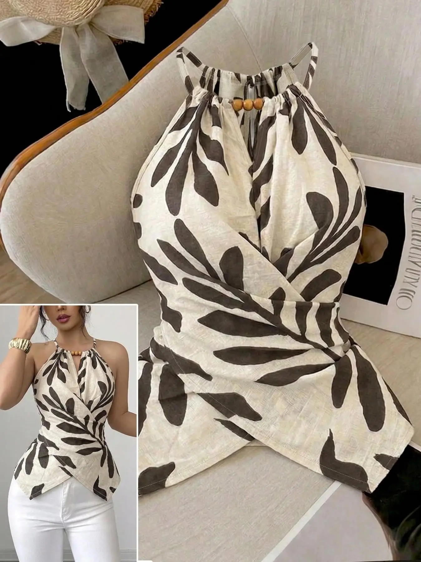 Women's Leaf Print Halter Top Cami Tank Tops, Beaded Neckline Waist Cinch, Elegant Sleeveless Shirt, Perfect for Parties/dates, Summer Beach