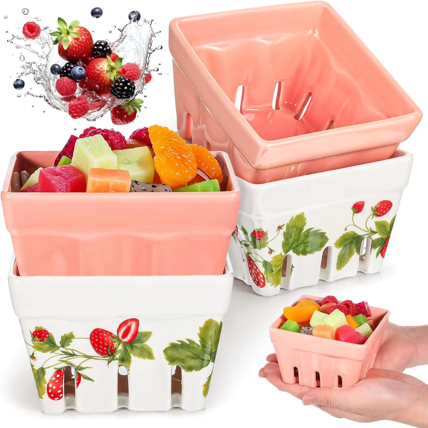 4 Pack Ceramic Berry Basket, Berry-Basket Ceramic-Berry Bowls with Holes Square Fruit Bowls with Holes Kawaii Strawberry Kitchen Bowl Containers-Ceramics Fruit Container for Kitchen Décor, strawberry