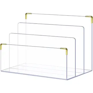 Clear Acrylic File Holder with Gold Accents, Clear File Organizer for Desk - Multi-functional Acrylic Desk Organizer for Folder, Mail Sorter, File Stand, Magazine Divider, Laptop, Notebook & Letter Organizer