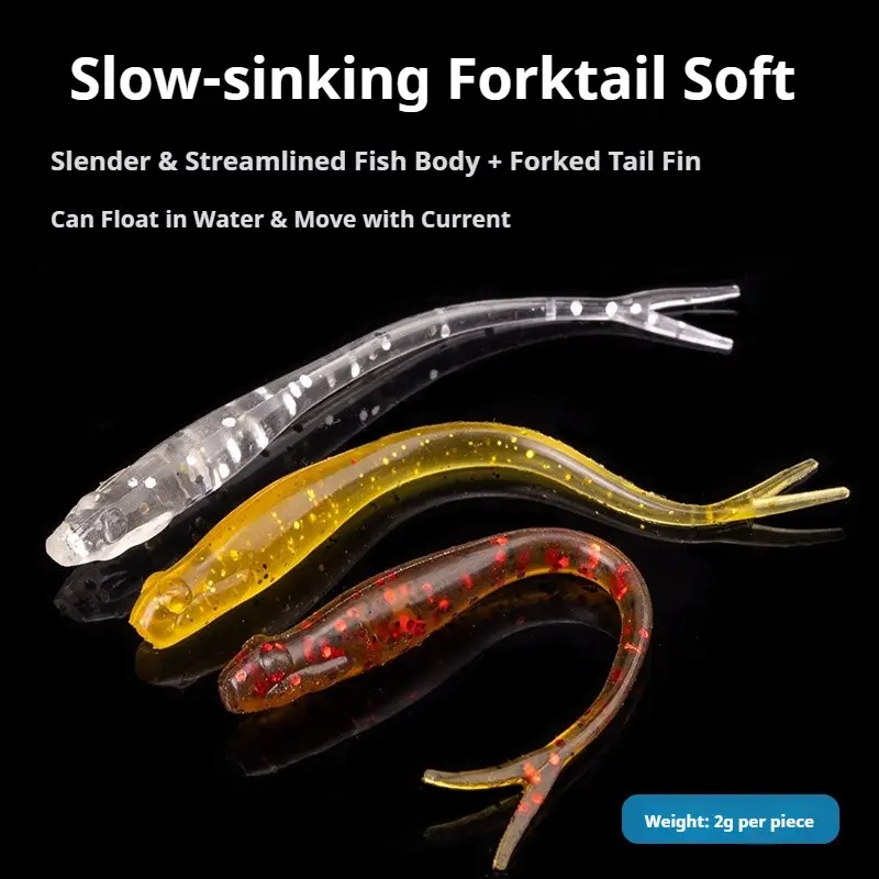 10Pcs Fork Cut Tail Soft Worm Artificial Fishing Lures, Soft Bait with Jig Head Hooks and Offset Crank Hooks for Black Pit Freshwater Fishing