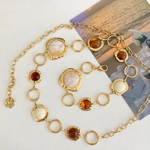 French Vintage Amber Mother-Of-Pearl Waist Chain, Luxury Metal Chain Belt, Melanoid Irregular Gem Waist Decor, Casual All-Season Accessory