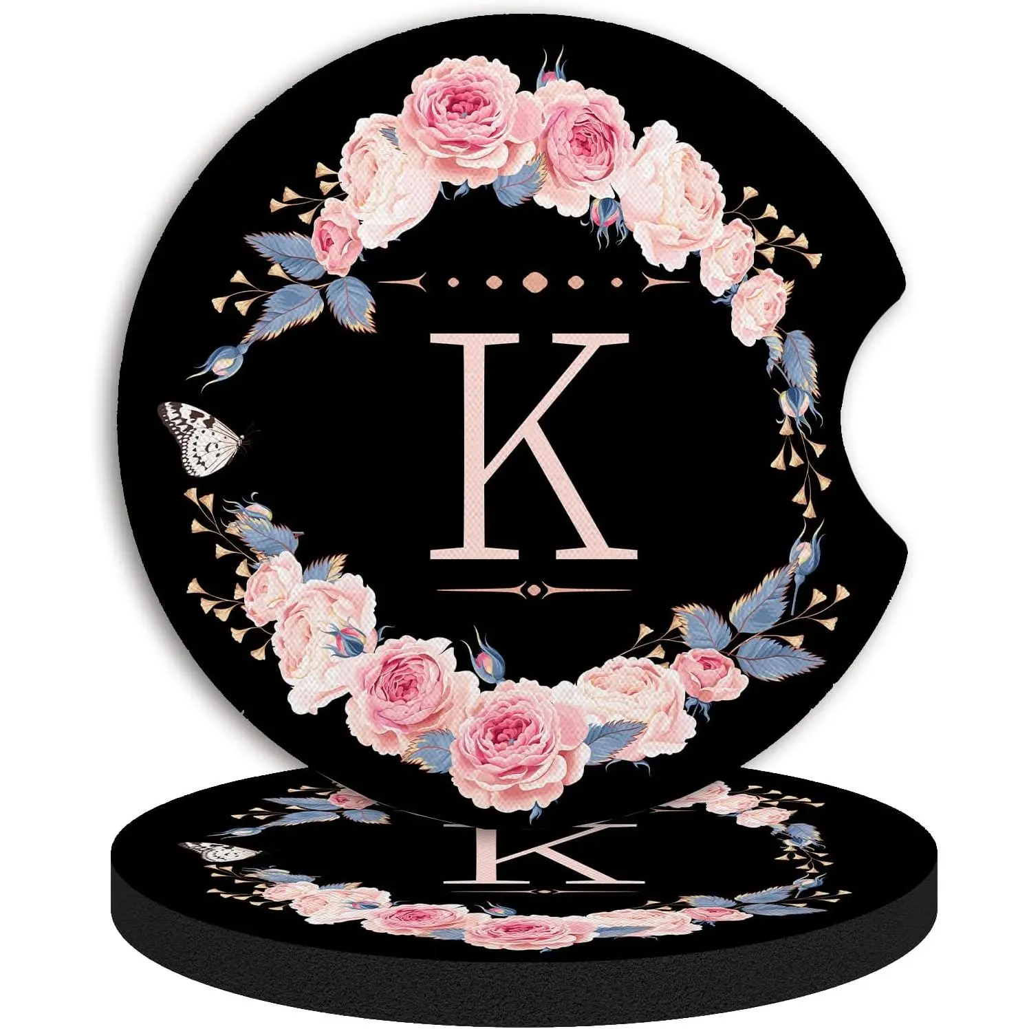 2 count Letter K  Coasters,Absorbent  neoprener Cup Holder Coasters with a Finger Notch, Accessories for Women&Man Interior,2.75"