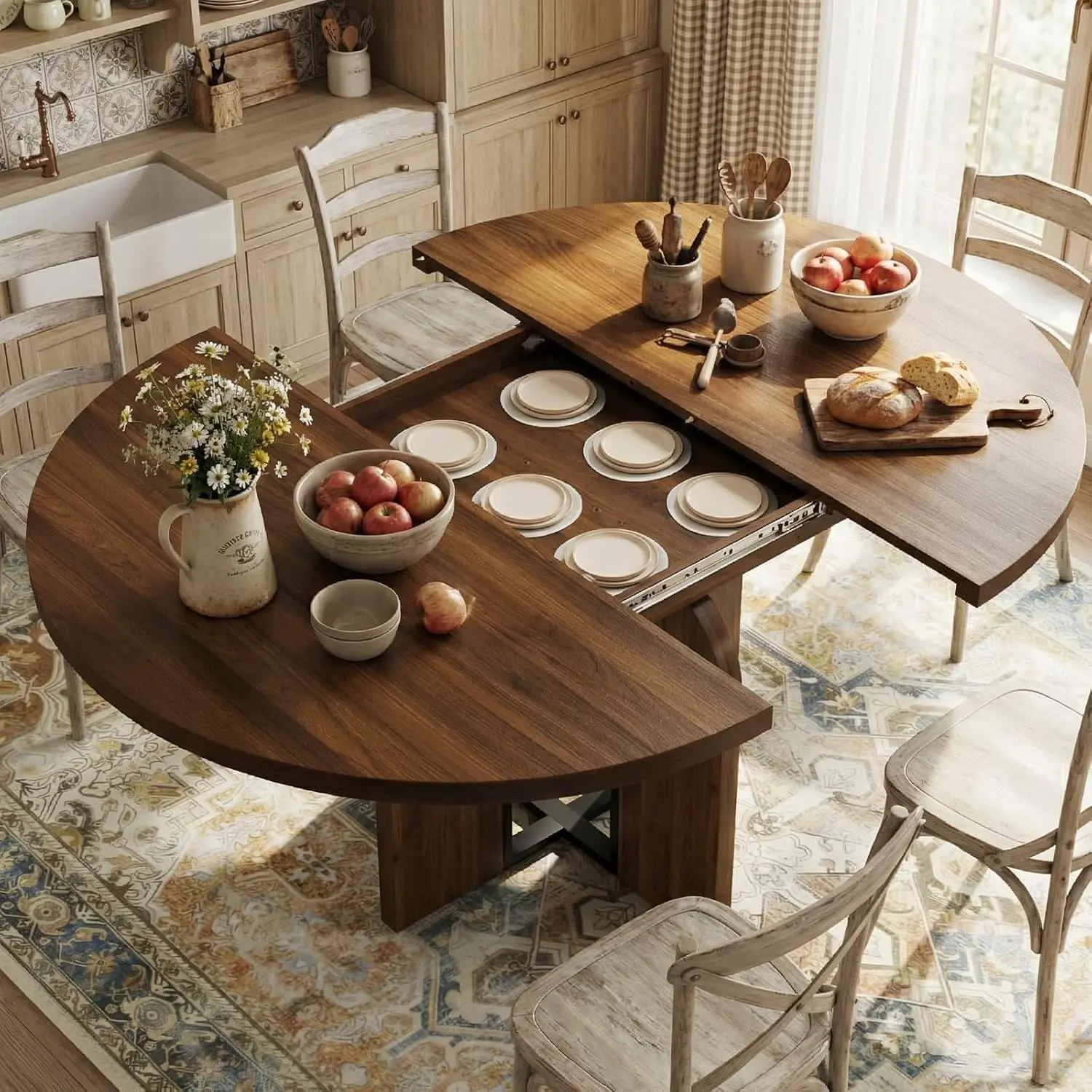 47"-63" Extendable Round Dining Table for 4-8, Farmhouse Style Wooden Expandable Kitchen Table with Wider Legs, Sturdy Metal Support, Oval Design, Space-Saving for Dinner, Kitchen, Apartment in Walnut and Retro Gray
