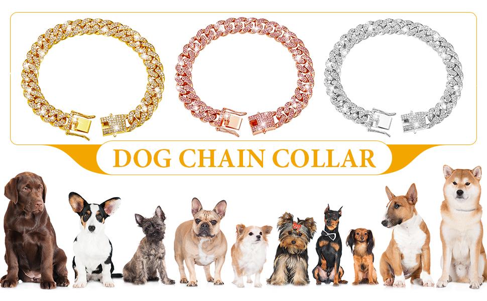 Silver Dog Chain Collar Diamond Cuban Link 13mm Wide 16inch HipHop Style Zirconia Decorated Pet Jewelry for Small Medium Large Dogs Cats