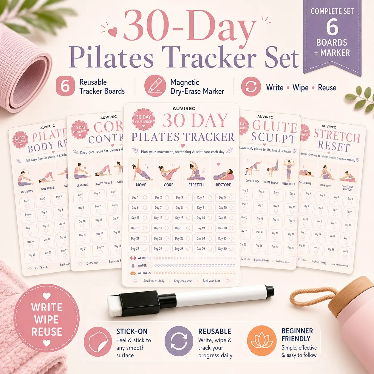 Auvirec Reusable Fitness Planner Set, 30-Day Pilates Training Tracker, Pet Erasable Board, Magnetic Pen, Home Gym Goal Management