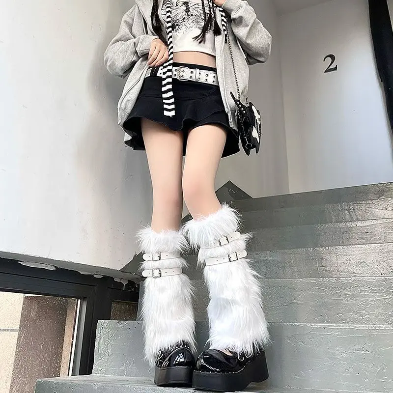 Women Y2K Fluffy Faux Fur Leg Warmers Double Buckle Straps Goth Street Style Leg Cuffs