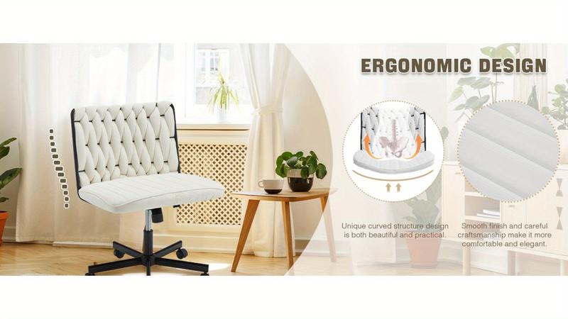 Criss Cross Desk Chair with Wheels, Extra Wide Armless Chair with Flannel Cushion, Adjustable Height & 135° Recline, Cross-Legged Office Chair for Home, Vanity, Study Room, Beige