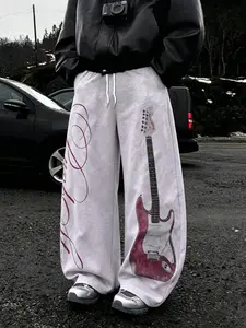 Unisex Street Rock Style Drawstring Pants, Geometric Guitar Print, Elastic Waist, Slant Pockets, Casual Loose Fit, All Seasons