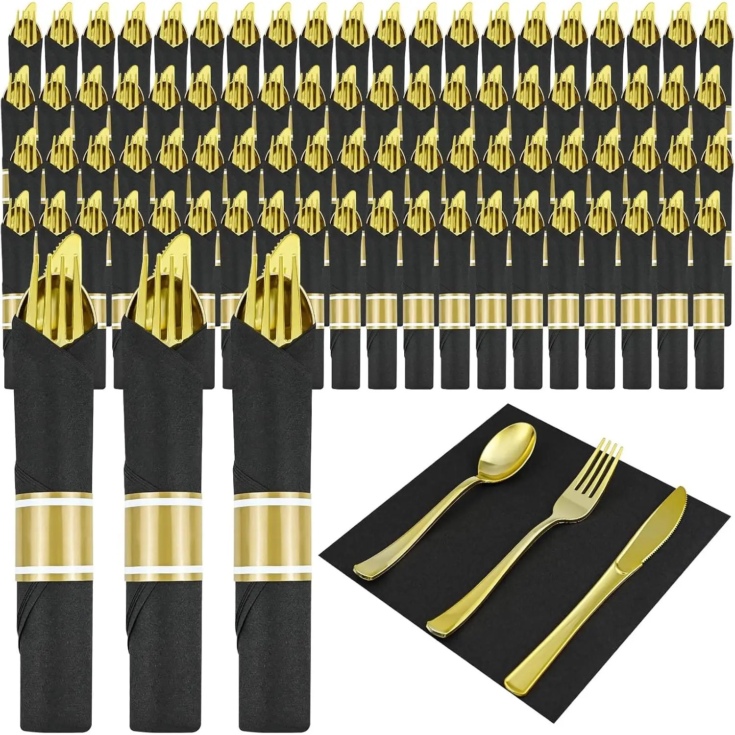 100 Pack Pre Rolled Black and  Plastic Silverware Set | Black Heavy Duty Wrapped Silverware Set Disposable Cutlery for for Party, Wedding, Reception, Banquet, Birthday