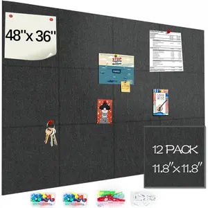 Large Cork Boards for Walls 48"x36", 12 Pack Felt Wall Tiles with 60 Pushpins 50 Safe Removable Adhesive Tabs 10 Hooks Clips, Black Bulletin Pin Tack Board for Office