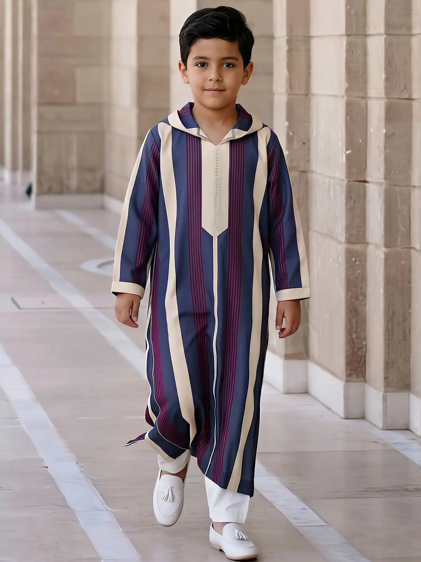 Moroccan Style Colorblock Striped Hooded Boy Djellaba, Arabic Clothing, 3D Decor Side Hidden Pockets, Long Sleeve Pullover, Suitable for Boys Aged 8-12
