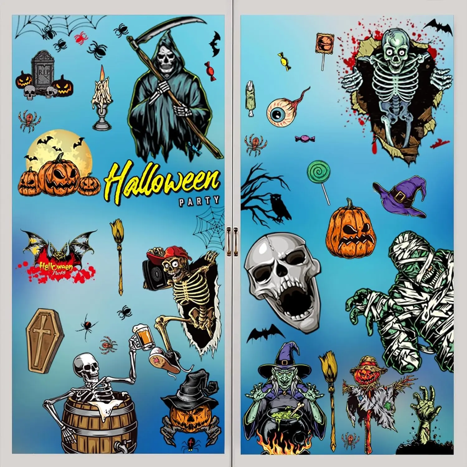 63 count Halloween Window Clings, 9 Sheets Bloody Handprint Footprint Skeleton  Haunted House Halloween Window Stickers Double-Side Removable, Halloween Window Clings for Halloween Party Decoration