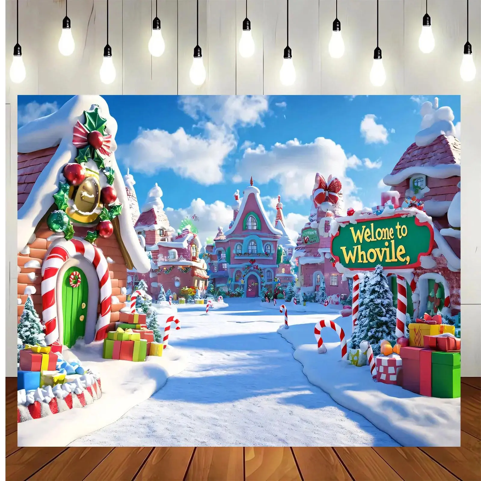 Whoville Christmas Village Backdrop Background Cloth, Christmas Village Tapestry Wall Hanging Photography Background Premium Polyester Fabric Winter Holiday Party Decor, Fireplace Display, Festive Home Decor, Snowy Village Scene Event Photo Booth Prop