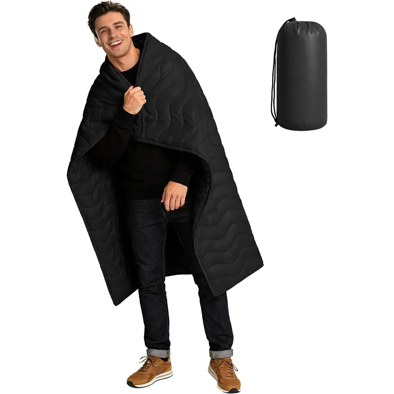 Ultralight Non-Inflatable Camping Blanket - 3-Season Waterproof, Windproof, Puffy Warmth for Hiking/Light Outdoor Use, Packable with Packable Bag, Machine Washable Rug (Black), Outdoor Trips, Puffy Shape, Lightweight Insulated Blankets, Portable Blankets