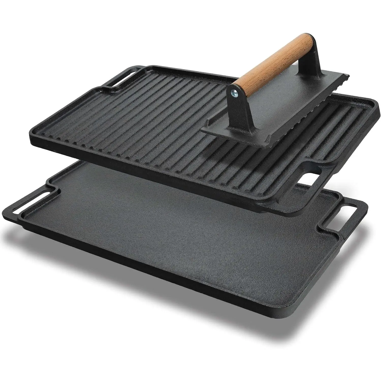 Cast Iron Griddle/Grill Reversible Combo Set + Protective Mitts, Grill Press & Scraper- Pre-seasoned Indoor & Outdoor gas Stove Griddle- Stovetop, Camping or Home Cooking Non-Stick Griddle Pan