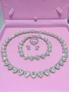 5 Pcs Heart Crystal Jewelry Set for Women, Cubic Zirconia Tennis Necklace Bracelet Ring Earrings, Silver Color Bling Set with Gift Box