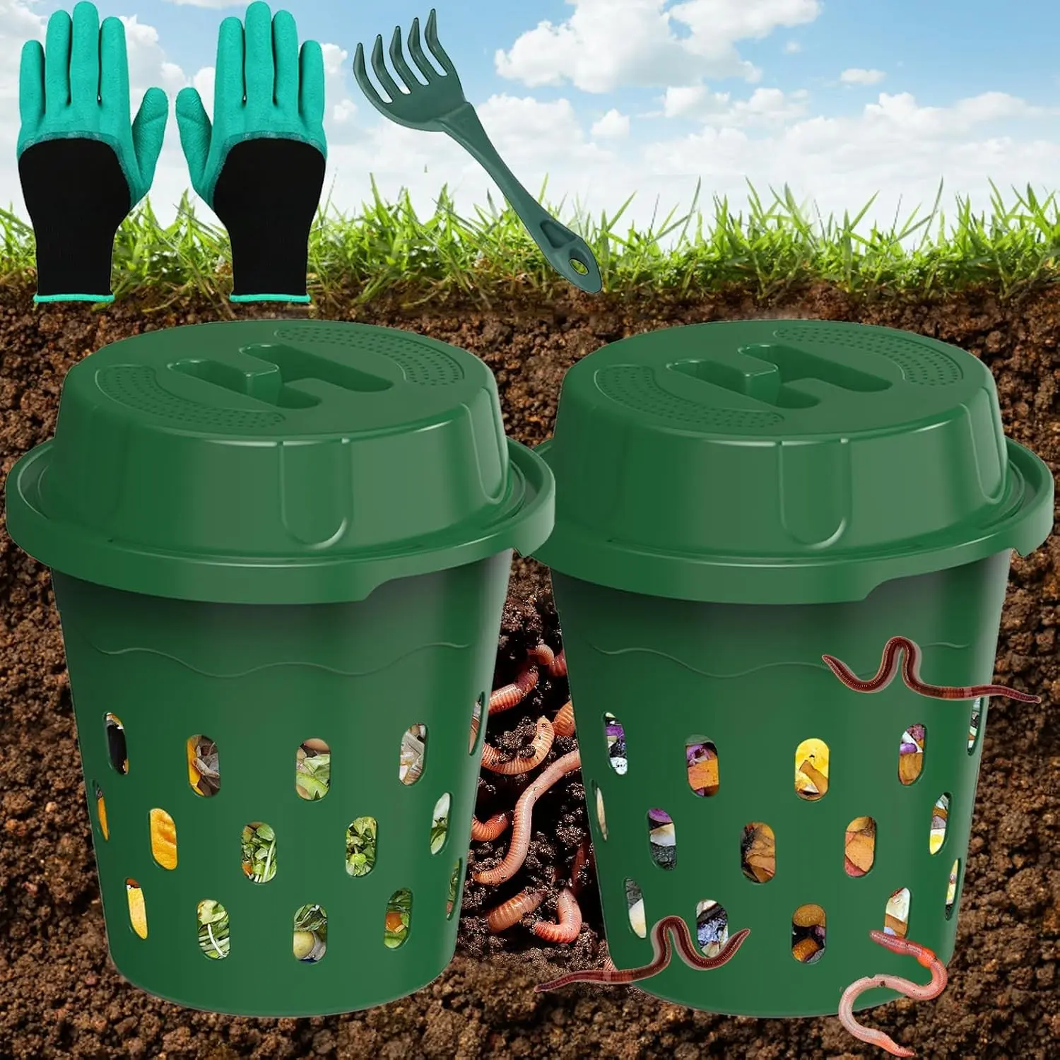 Inground Worm Composter, 2-Pack 8L (2.11Gal) Outdoor Worm Compost Bin for Garden Beds & Home Use, Vermicomposting Bin for Beginners (9.5x9.5x10.8Inch), Green