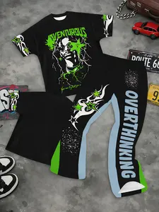 Green Star Flame Graphic Men’s Scimitar Pants Matching Set For Gen Z Boys Skin Friendly Tee Splash Dot Side Pants Urban Street Trend Co Ord