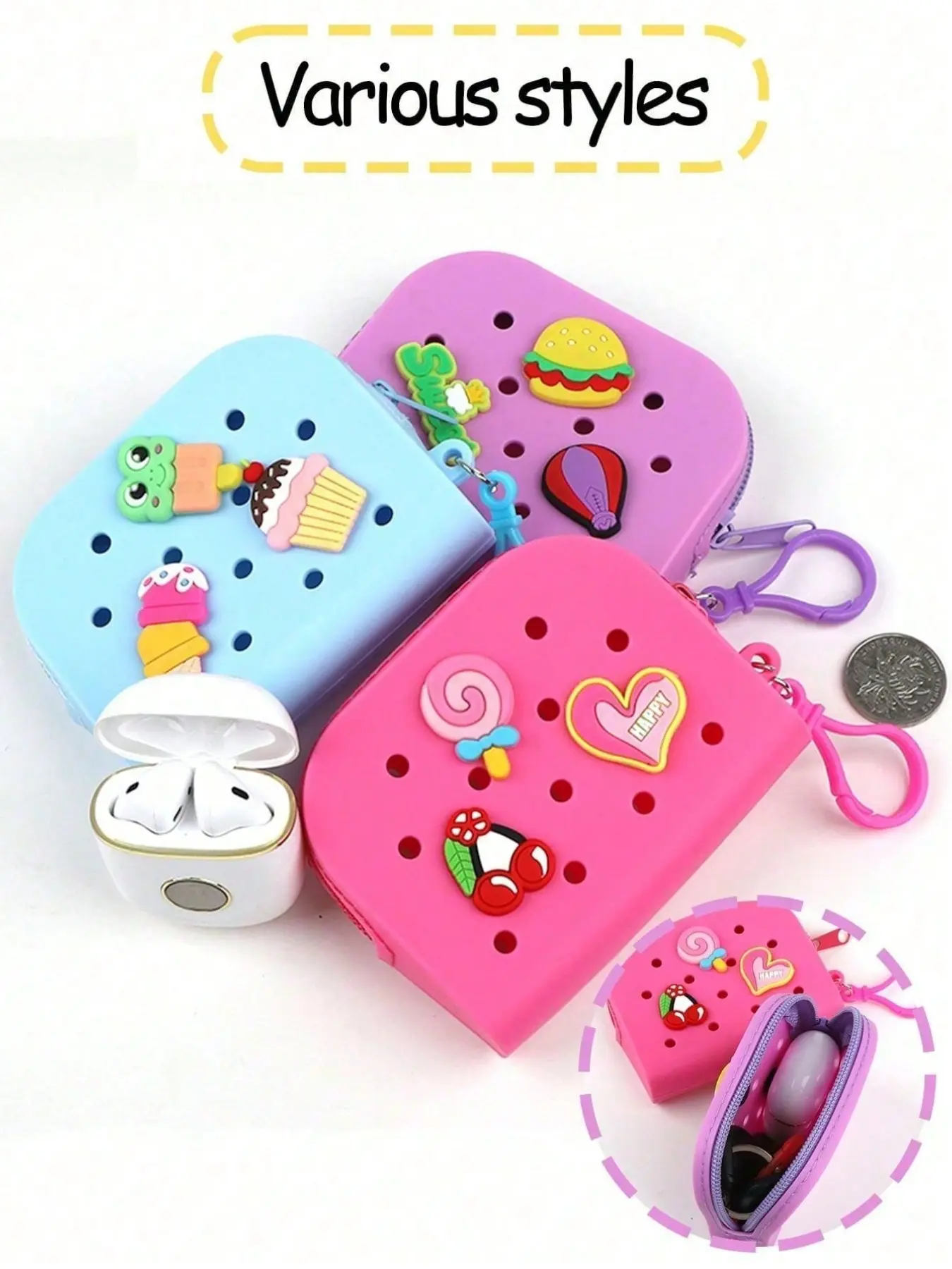 A fashionable silicone mini coin purse, cartoon silicone bag with DIY detachable design, cute storage bag, hollow design, lightweight zippered coin pouch, an ideal gift choice