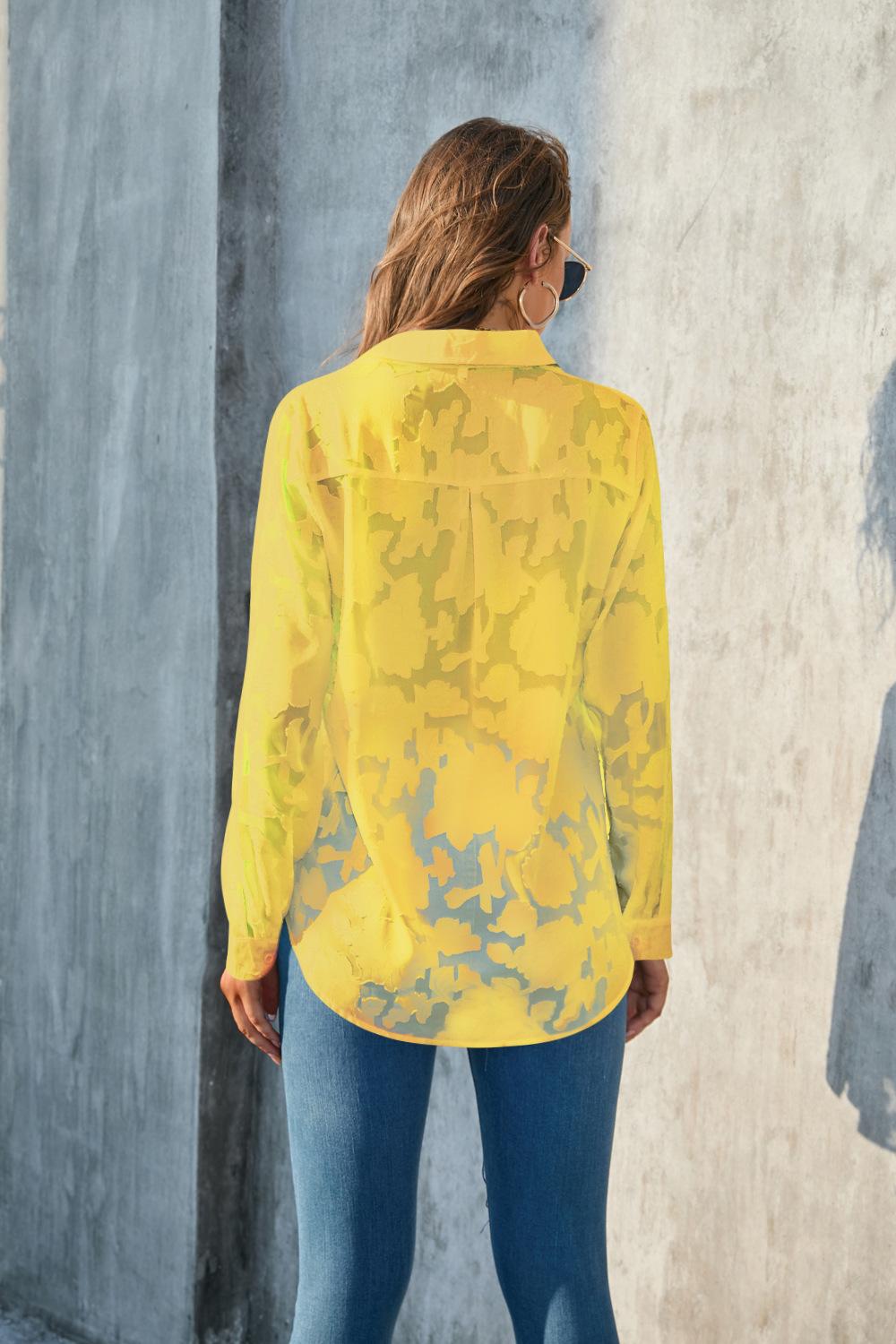 BIGWIG Women's White Elegant Sheer Blouse, Long-Sleeved Jacquard Collar Button-Down Top, Loose-Fitting Shirt, Casual Long-Sleeved Chiffon Blouse, Spring/Summer Outfit