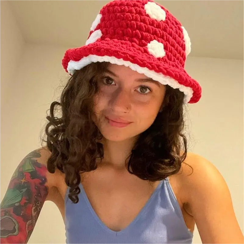 Cute Hand Crochet Polka Dot Mushroom Bucket Hat, Thick Chunky Yarn Warm Knitted Fisherman Beanie, Fall Winter Casual Hat for Adults & Kids