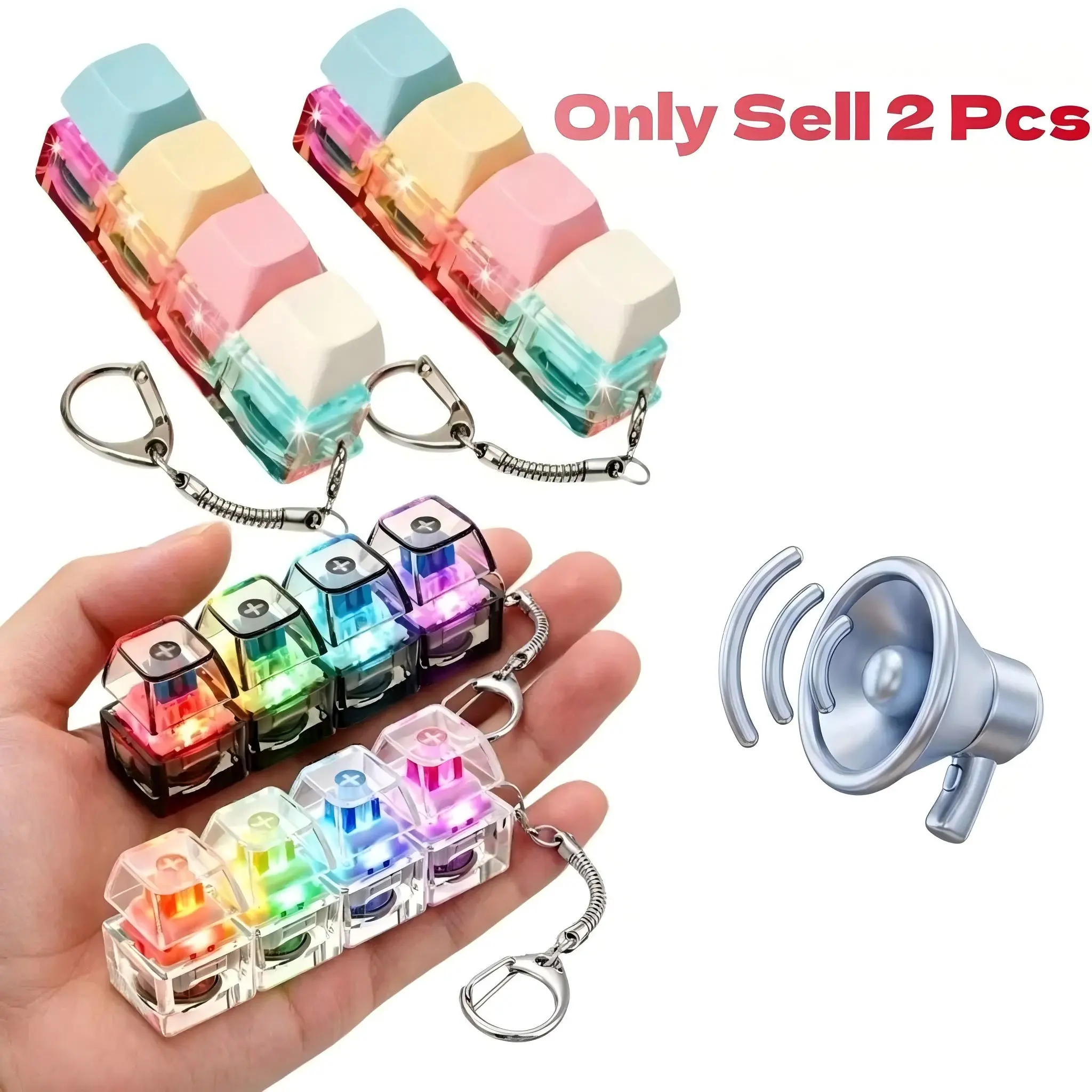 2 Pcs 4-in-1 Keyboard Light-Up Keys Adult Fidget Clicker Toy with LED Light, Silent and Loud Keyboard Fidget Keychain Cube, Multi Function Keychain, Mechanical Key Button Clicker Stress-Relief Gift for Office, Car and Home Pass Time