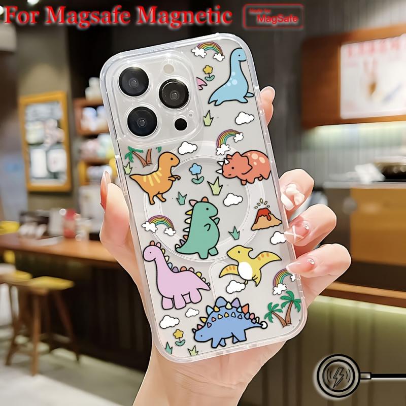 Cute Cartoon Dinosaur Pattern Phone Case Suitable for iPhone17 16 15 14 13 12 11  Transparent Magnetic Shockproof Soft TPU Back Cover, Phone Protection, Magnetic Attachment, Playful Design, Stylish Cover, Flexible Cover, Durable Material