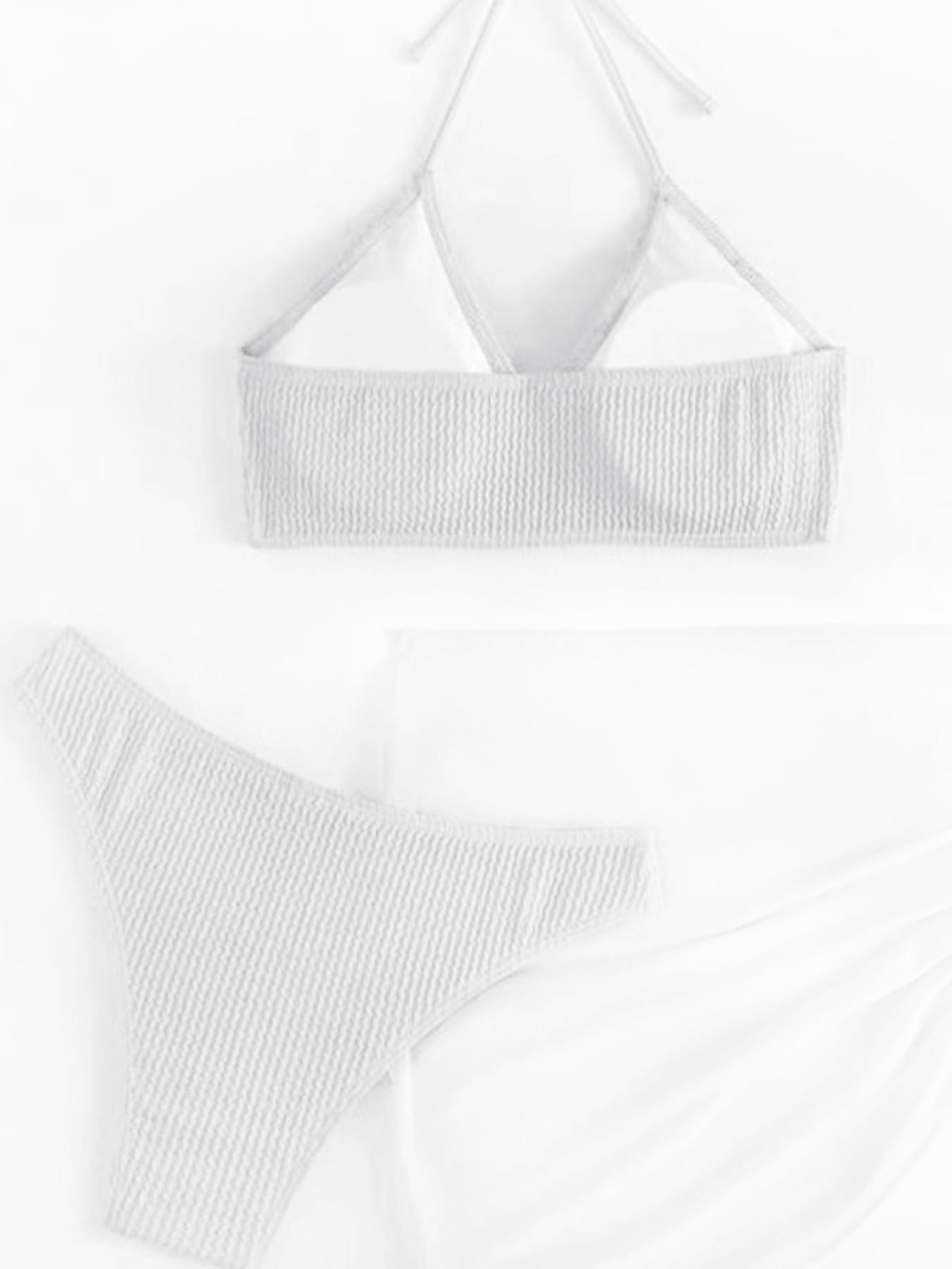 Women's Ring Linked Halter Bikini Top & Drawstring Skirt & High Cut Bikini Bottom Set Bikinis, Sleeveless Triangle Swimsuit Top & Skirt & Swim Bottom Set, Ruched Bikini Bottoms