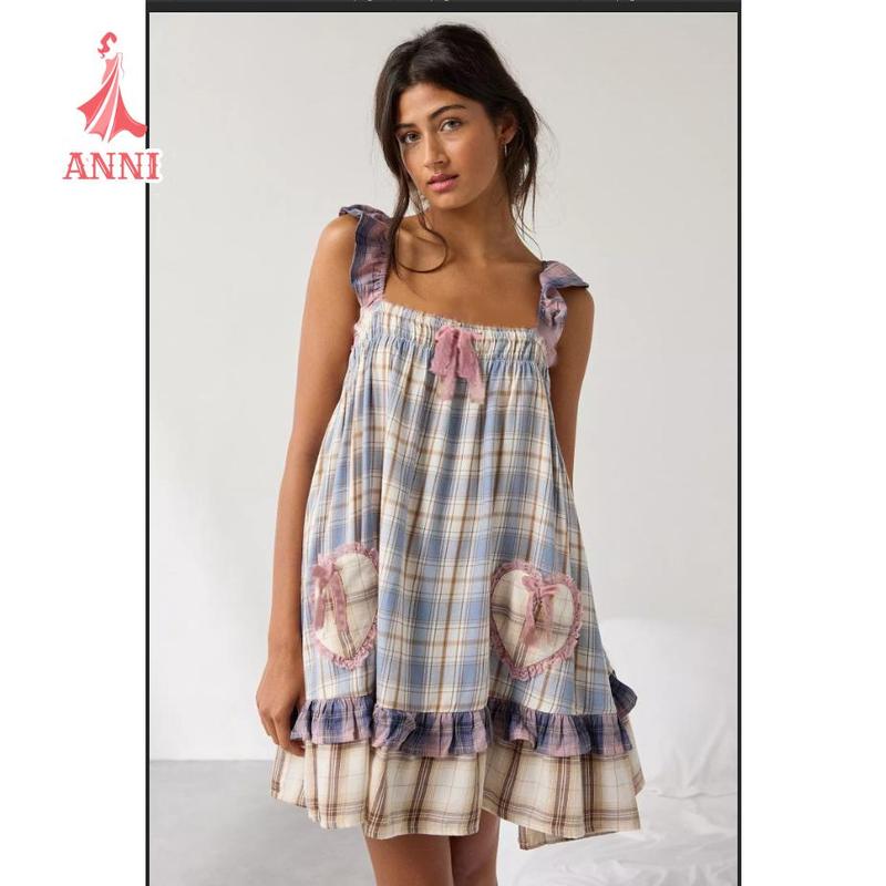 Women's Ruffle Strap Mini Dress Sleeveless Square Neck Bow Front Flowy Dress Summer Babydoll Dress