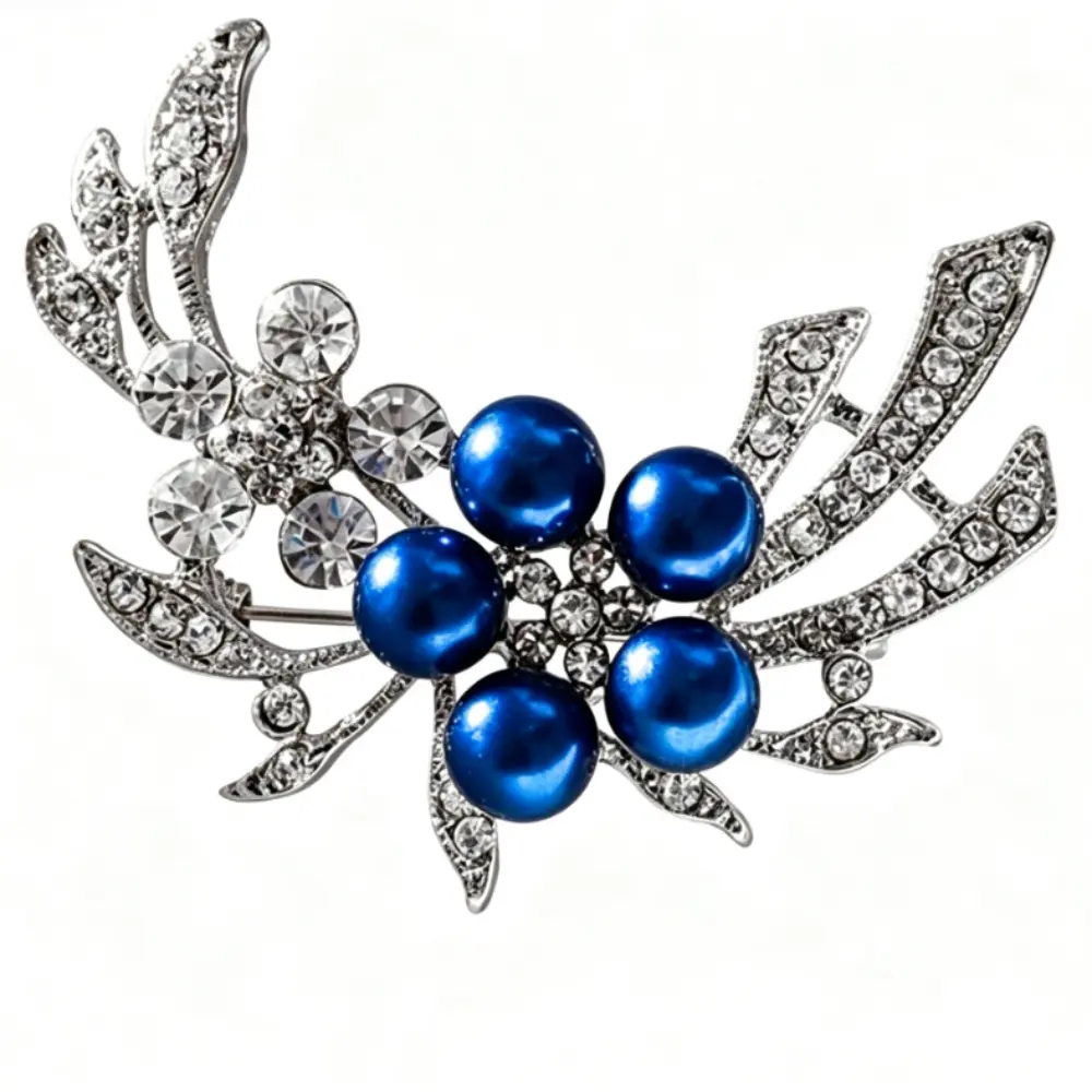 Silver Branch Brooch Dark Blue Faux Pearl Clear Rhinestone Elegant Unisex Wedding Coat Pin Accessory