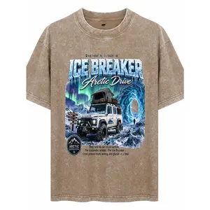 Street Style, Heavyweight Unisex Acid Wash Cotton T-Shirt, Ice Breaker Arctic Drive Graphic Design, Screen Printed With Icy Landscape And Off-Road Vehicle, For Adventure Enthusiasts And Outdoor Explorers
