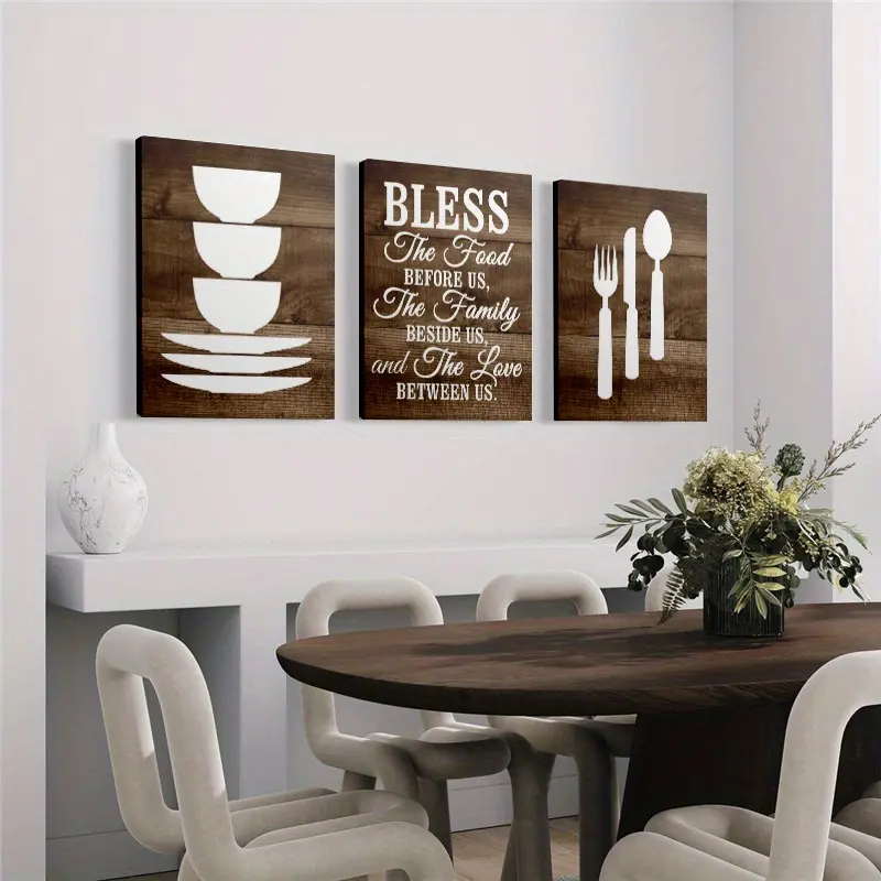 3-Piece Farmhouse Kitchen Wall Art Boxed Set - Wooden Framed "Blessings on the Food Before Us" Creative Design Print, Houndstooth-Marble Fork-Knife Home Inspo Decor, Multi-Size for Dining Rooms/Kid Room Inspiration, Decoration Items, Juneteenth, Wall Disp
