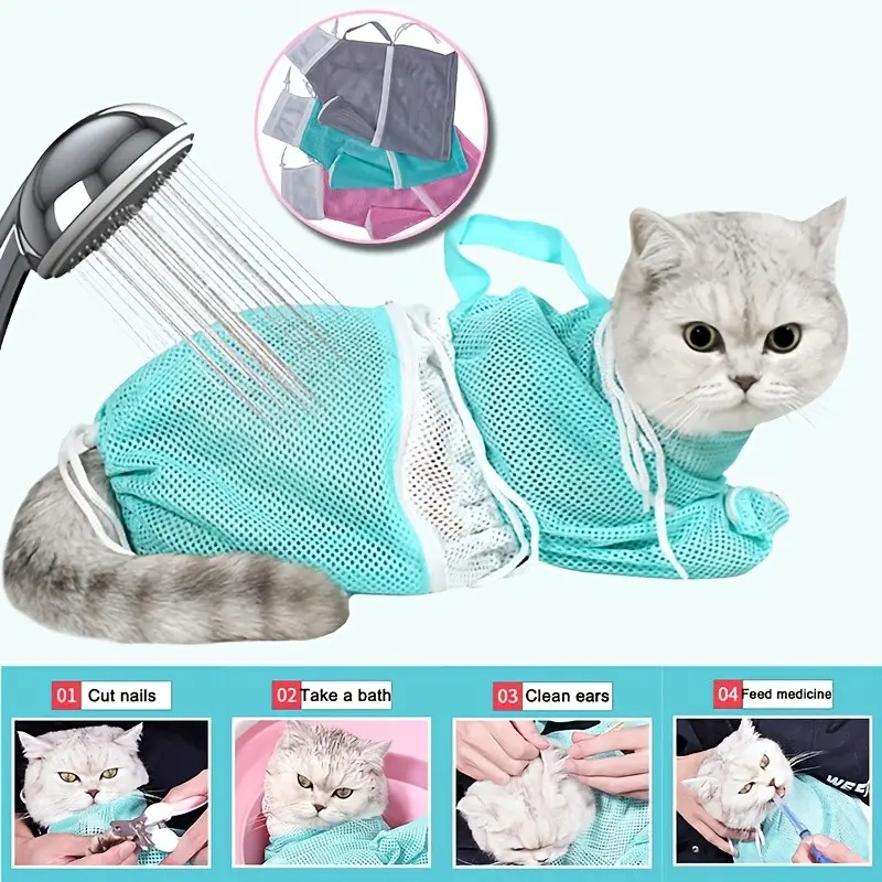 Cat Bath Net Bag, Pet Portable Shower Mesh Pouch, Adjustable Drawstring Design, Travel Cat Bath Bag, Anti-Scratch Cat Washing Bag, Clean