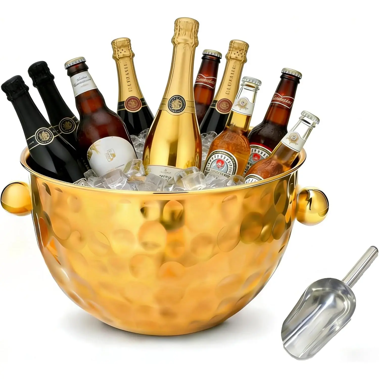 7QT Large Gold Ice Bucket, Stainless Steel Champagne Bucket for Parties, Beverage Tub Wine Cooler, Gold Hammered Finish Drink Container for Beer & Cocktail Bar