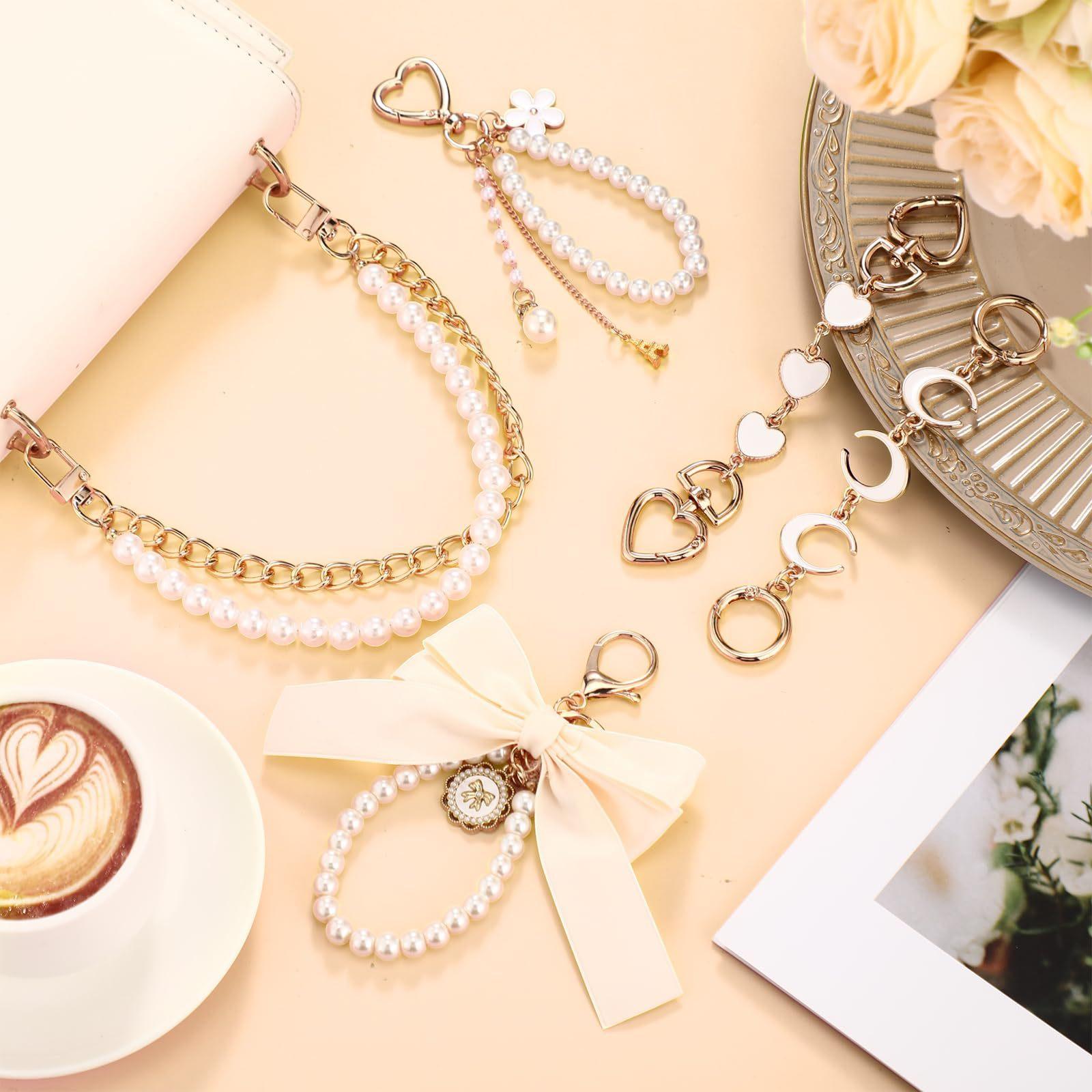 5 Pcs Bag Extender Chain Gold Pearl Purse Chain Ribbon Bow Keychain Extender Bag Strap Purse Charms Accessories for Handbag Y2K Aesthetic Bag Accessories Bag Charm Keychain Accessory Gifts for Women keychains for women