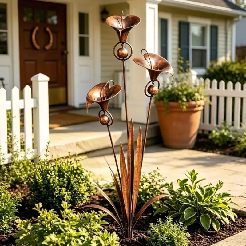 Flame Copper Color Lily-Of-The-Valley Garden Flagpole with Bell, Rainwater Collector, Outdoor Decor, Vintage Rustic Style, Halloween, Thanksgiving