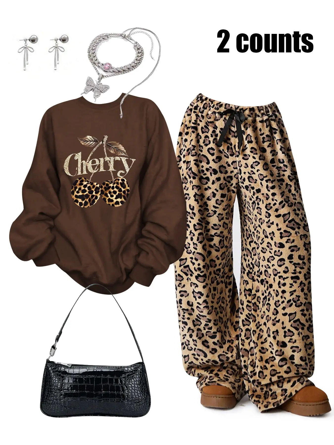 Women's Leopard Print Sweatshirt Set with Cherry Pattern, Comfortable Soft Fabric, Casual Fitted Top & Wide Leg Pants for Spring Fall