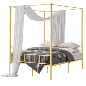VEVOR Queen Size Canopy Bed Frame, Metal Canopy Bed with Minimalist Headboard Four Posters Design, Heavy Duty Steel Slats Support, Underbed Storage Space, No Box Spring Needed, Easy Assembly, Gold