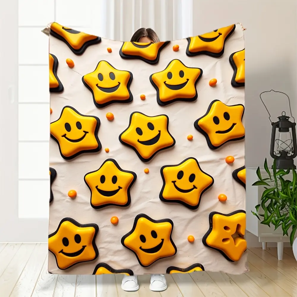 Flannel Poly Yellow Happy Star Seamless Plush Blanket - Lightweight, Fluffy, Warm Modern Multi-Size Throw for Home/Office Sofa Nap, Ideal Gift for Cozy Vibe Enthusiasts